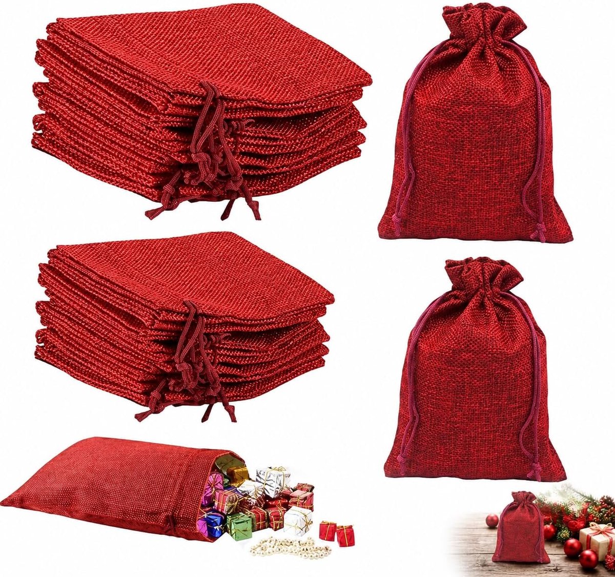 Zakjes 24 Stuks - Linnen Cadeauzakjes voor Kunsthandwerk, Feesten, Sieraden en Geschenken - Handgemaakt, Met Trekkoord, 2 Maten (10x14 cm en 13x18 cm)