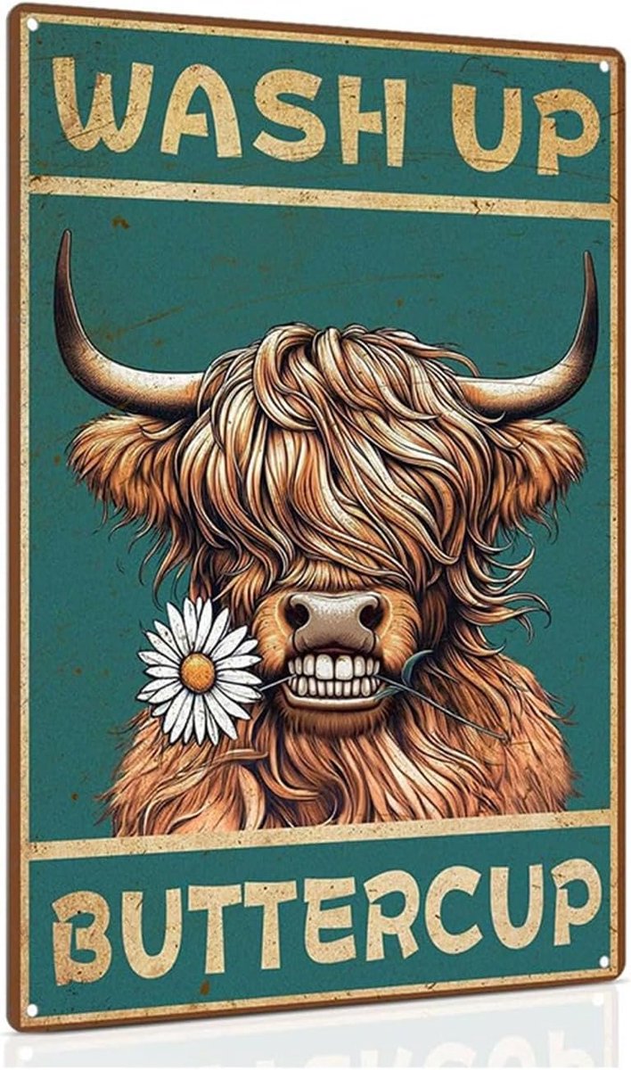 1 vintage metalen plaat met Highland-koe, grappige zin, WASH UP BUTTERCUP, grappige wanddecoratie voor badkamer, toilet, bar of woonkamer, voor koeienliefhebbers