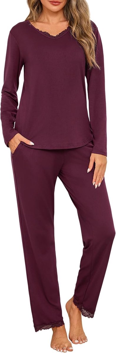 Pyjama voor dames, lange mouwen, pyjamaset voor dames, katoen, winter, V-hals en lange broek van kant met zak, tweedelig