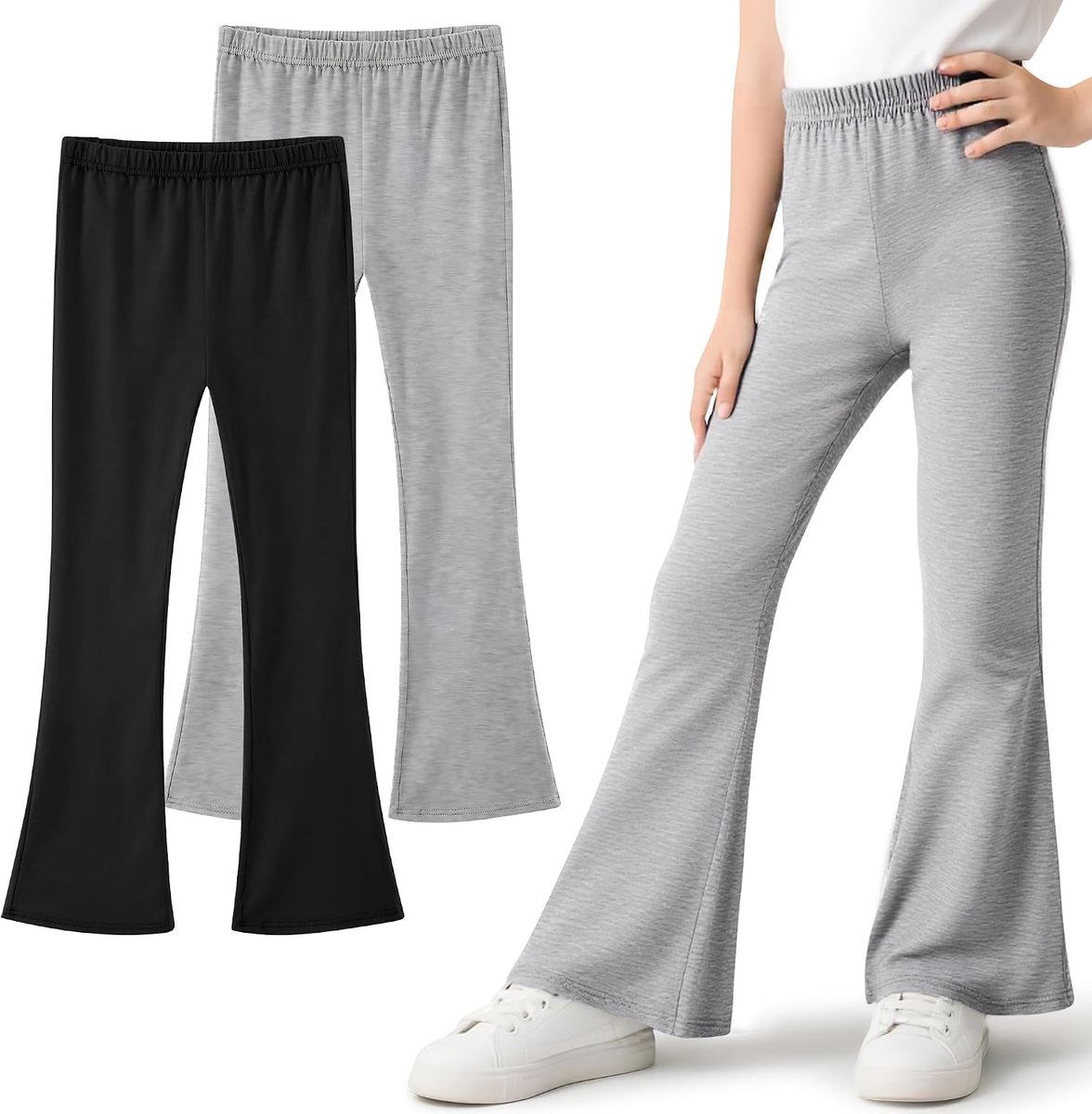 Meisjeslegging katoenen broek met wijde pijpen, 2-pack kinder stretch ademende flared sportlegging basic bootcut broek effen kleur dans yoga broek actieve kleding voor 5-16 jaar