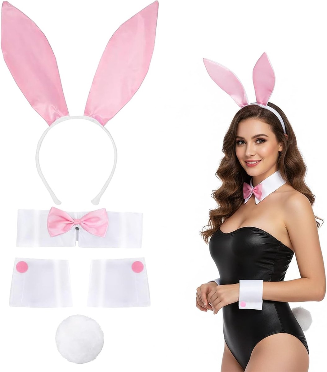 Hazenkostuumset voor volwassenen, pluche hazenoren, haarband met vlinderdas en manchetten, uniseks verkleedkleding voor carnaval, Pasen