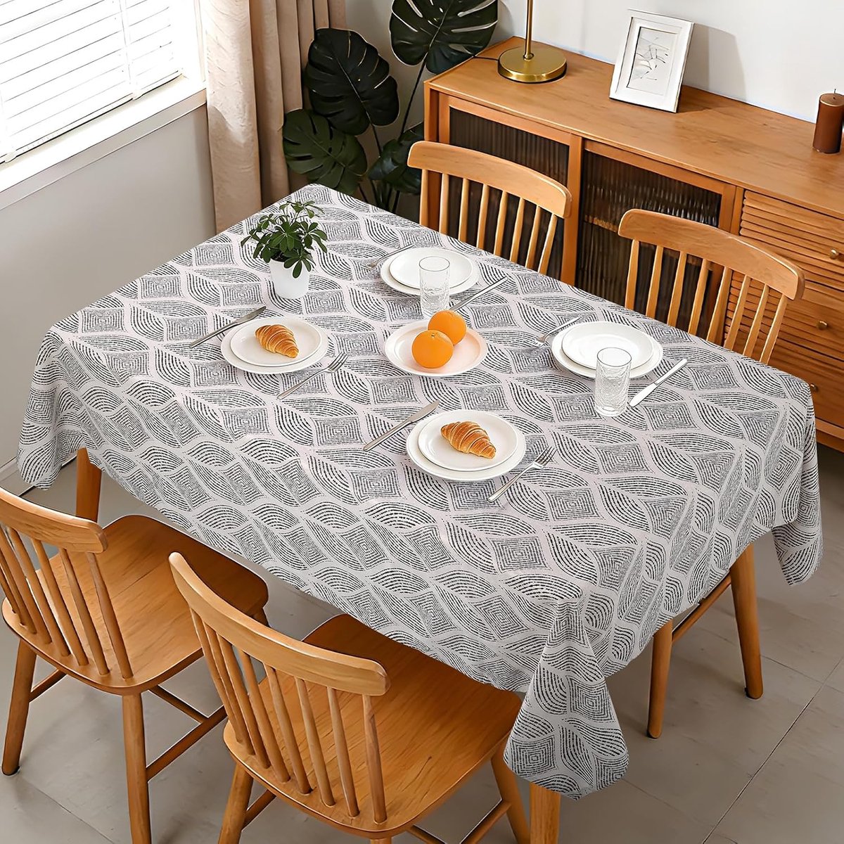 Tafelkleed grijs geometrisch patroon, 140 x 180 cm, rechthoekig, katoen, linnen tafelkleed voor eettafel, landelijke stijl