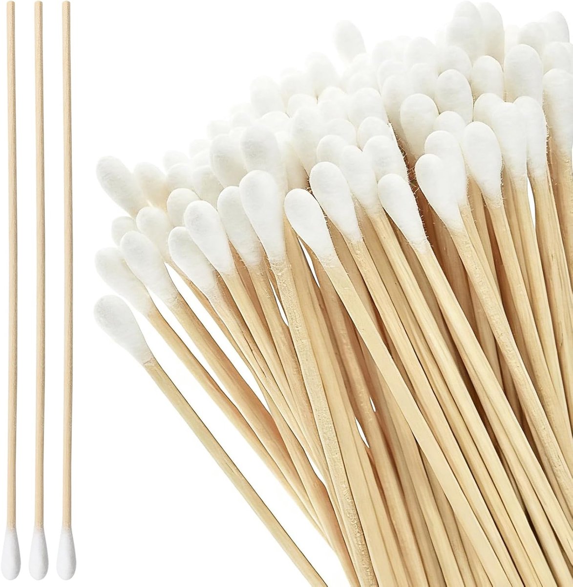 Wattenstaafjes, houten ronde wattenstaafjes, puntige bamboekop, wattenstaafjes met lange houten staafjes en hygiënische katoenen punt