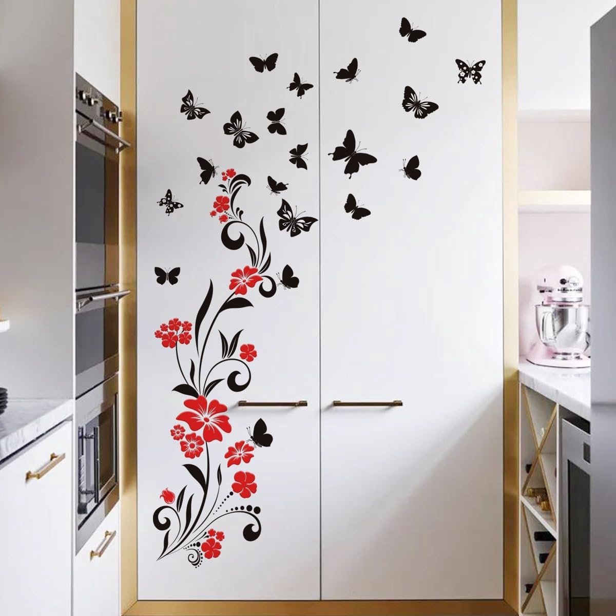 Bloemen met vlinders, rood en zwart, bloemen wanddecoratie muursticker woonkamer slaapkamer kinderkamer keuken kantoor meubels deur enz. (zwart rood)