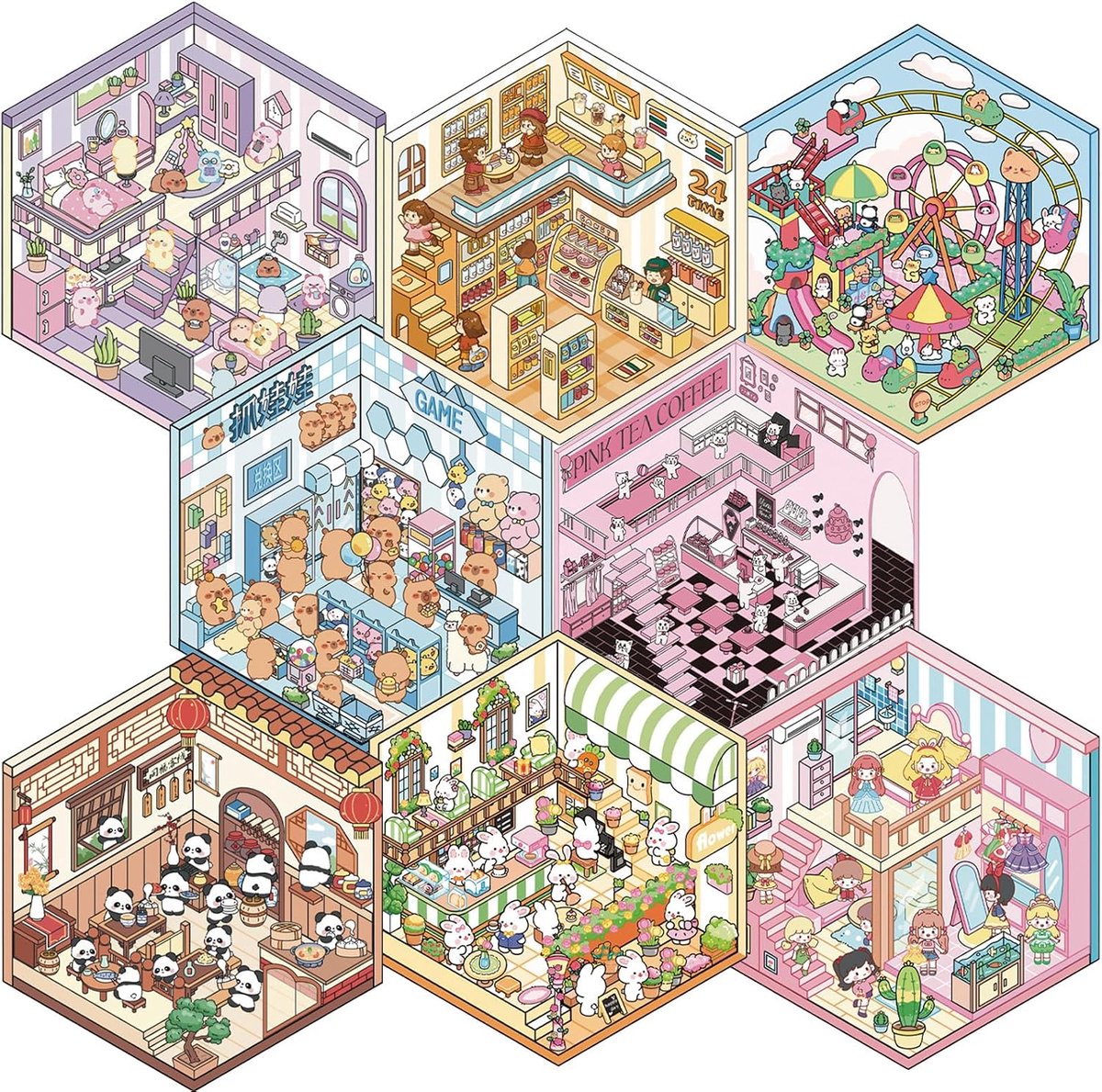 8 stuks 3D-stickers voor huis, miniatuur, 3D, doe-het-zelf, doe-het-zelf, grappige scènes, voor kinderen en volwassenen, stressverlichting, podium, plezier, doe-het-zelfscène
