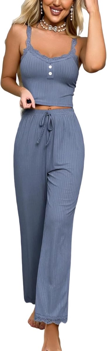 2-delige pyjamaset voor dames, kanten pyjama, buikvrij, cami-top, lange broek, V-hals, nachtkleding, elegant, mouwloos, prikkelend, zacht, loungewear, comfortabel, negligé, elastisch