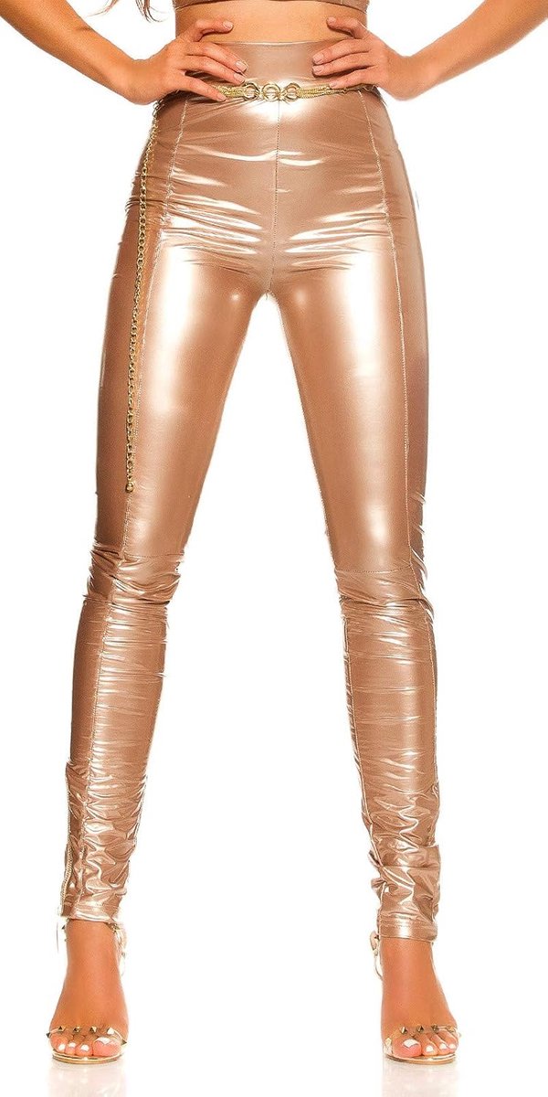 Highwaist broek wetlook lederlook lak-look damesbroek met rits