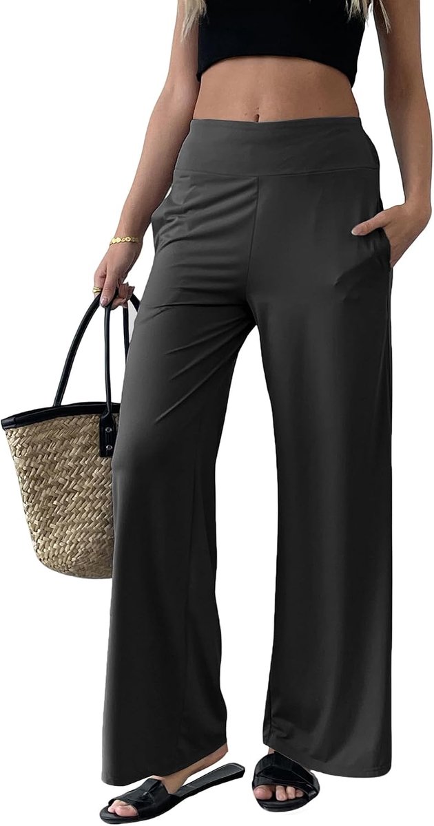 Zomerbroek voor dames, luchtig, licht, los, casual, hoge taille, wijde pijpen, palazzobroek met zakken