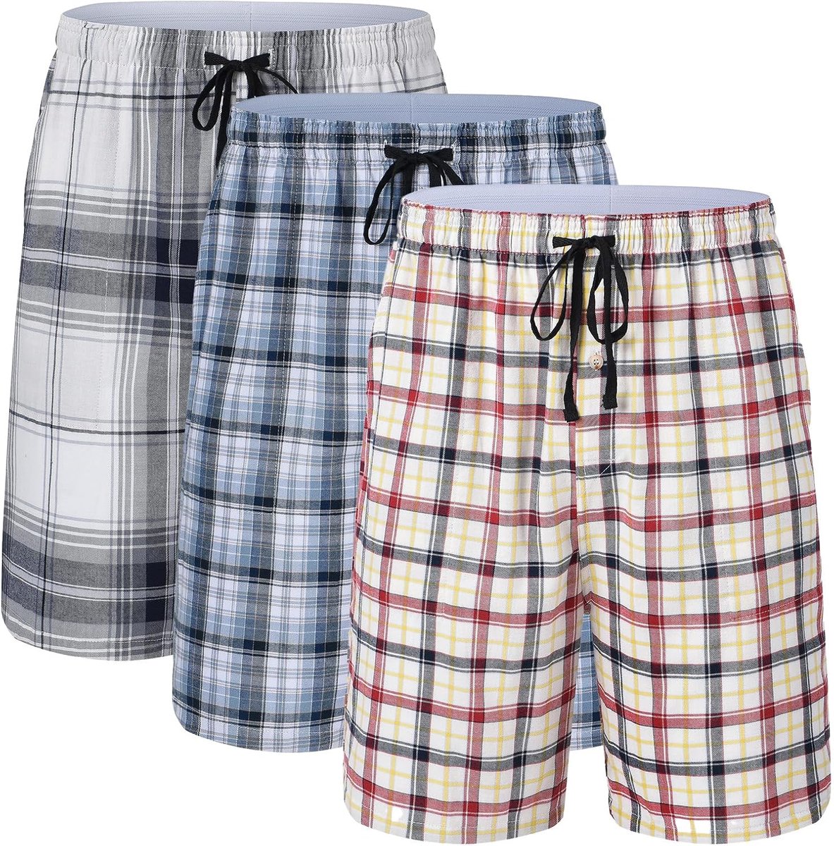 Pyjamabroek voor heren, korte pyjama, katoen, set van 3, geruite slaapbroek, zacht, ademend, zakken, knoopsluiting