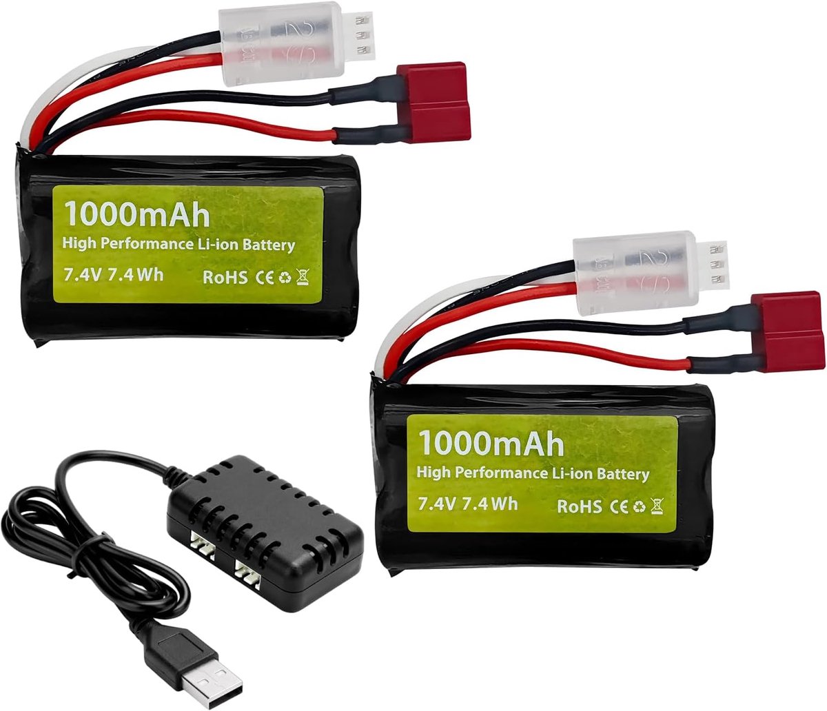 2 stuks 7.4V 1000mAh 2S Li-ion batterij met T-stekker en 2-in-1 oplader voor YC100 HM161 HM162 HM166 HM201 9145 1:20 afstandsbediening vrachtwagen auto HBX X03 afstandsbediening boot