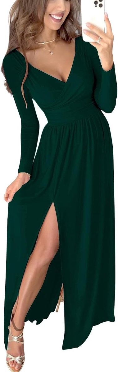 2.0 elegante lange mouwen V-hals tuniek maxi-jurk casual hoge taille zoomsplit cocktailjurk