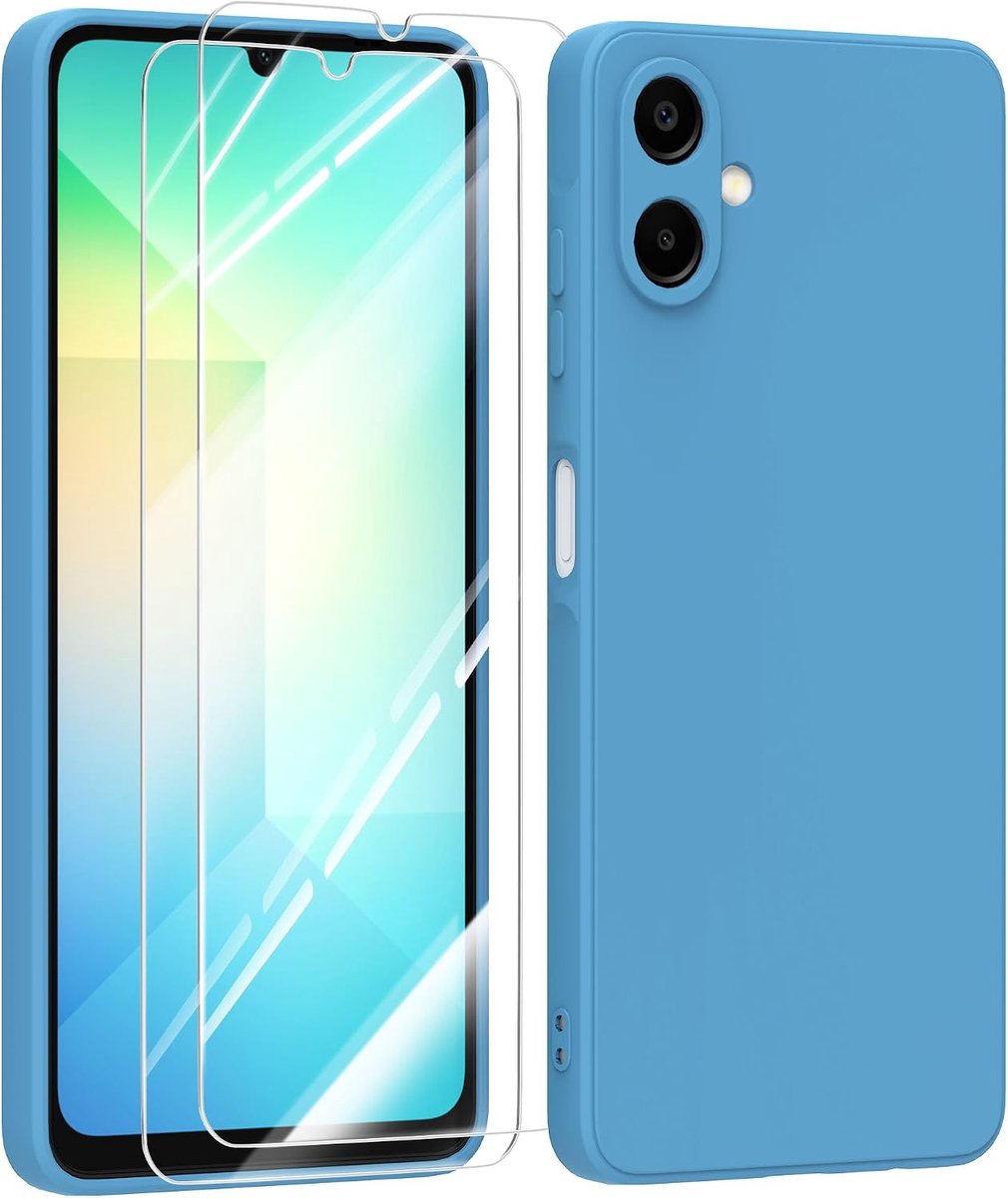 Hoesje voor Samsung Galaxy A06 4G Case met 2 Stuks Gehard Glas,Zachte Ultradun Pastelkleur van TPU Telefoon Schokbestendig Hoes Cover - Blauw