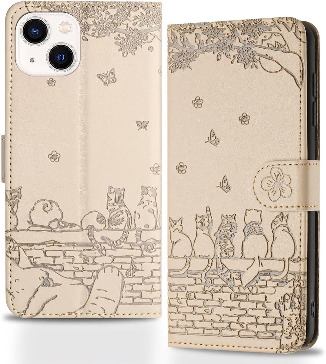 Hoes voor mobiele telefoon voor iPhone 14, hek, katten, inklapbaar, hoes, reliëf, PU-leer, portemonnee, beschermhoes, tas, flipcase, magnetische klaphoes met kaartenvak, standfunctie,