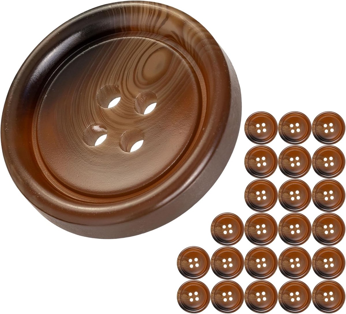 Knopen voor kleding, 24 stuks, 4-gaten, Ø 22,7 mm, bruin, van polyester, maat 36L, harsknopen voor jas, mantel, anorak, winterjas, doe-het-zelf knoop van hars, wasknopen, knutselknopen