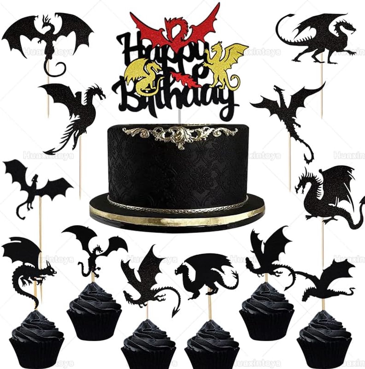 25 Stuks Draken Glitter Taart Decoratie, Happy Birthday Dragon, Dragon Cupcake Toppers, Kinderverjaardag Taartdecoratie, Zwarte Dragon Taart Decoratie, Glitter, Draakthema