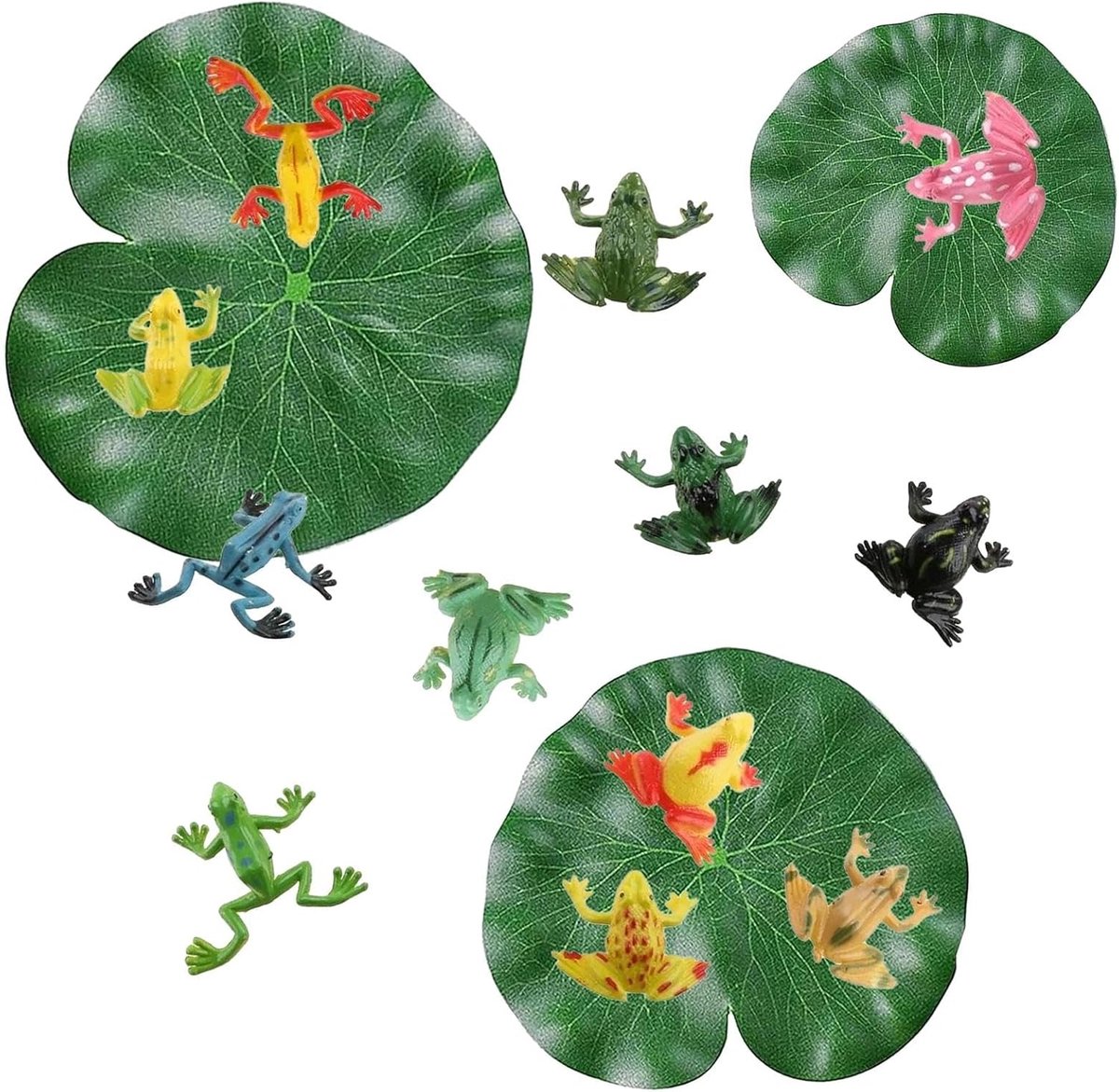 Set van 21 plastic kikkers en drijvende lotusbladeren, 12 realistische kikkerfiguren met 9 kunstmatige leliepads (10/15/20cm), vijverdecoratie voor tuin, zwembad, buitenambachten en