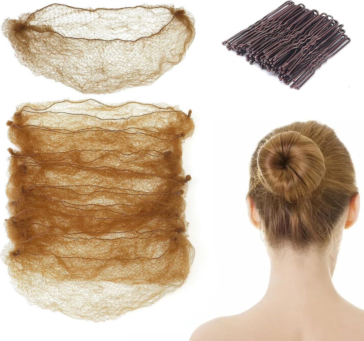 Haarnetjes voor knot en 50 U-vormige haarspelden, bruin, ballet-haarnet, 50 cm, onzichtbare haarnetjes voor vrouwen, meisjes, balletdansers, verpleegsters, 25 stuks (bruin)