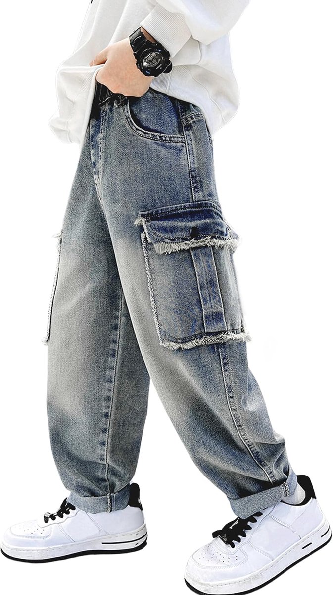 Jeans voor jongens, taps toelopend, elastische tailleband, losse pasvorm, denim broek voor kinderen