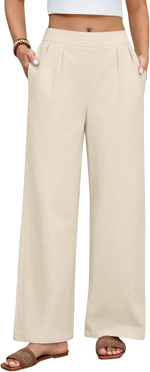 Heekpek Katoenen broek voor dames, zomer, licht, breed, comfortabel, breed, hoge taille, casual broek met zakken