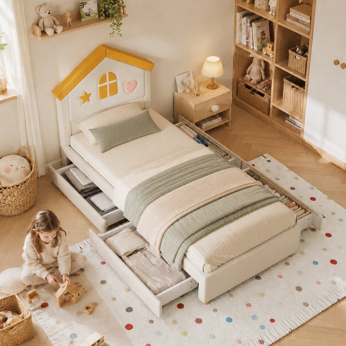 MODENUIT Kinderbed – Huisvormig Hoofdeinde – 90 x 200 cm – Fluweel – Beige – 4 Lades – Lattenbodem – Kinderkamer