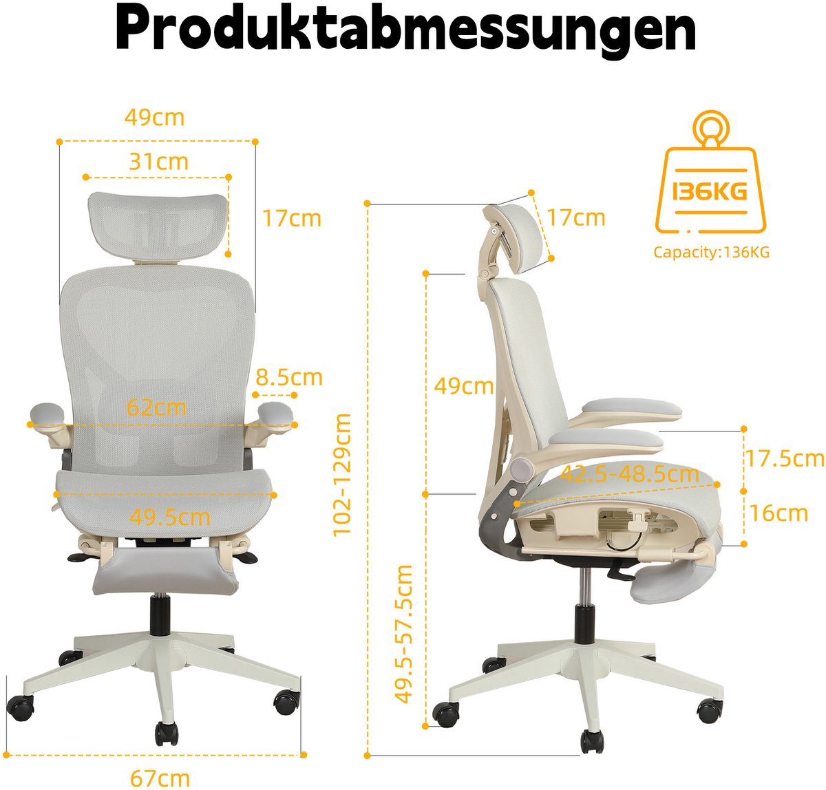 DESMIU Bureaustoel 129 cm - Ergonomisch Klapbaar Met 3D Hoofdsteun, Lendensteun En Klapbare Armleuningen - Voor Werk, Studie En Spelen - Mesh - Grijs