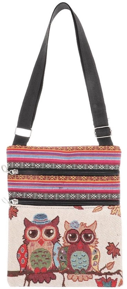 Allecto - Lurrose canvas tas met rits - Boheemse crossbodytas - Uniek uilmotief - Functioneel en duurzaam - Handgemaakt - Geschikt voor vrouwen