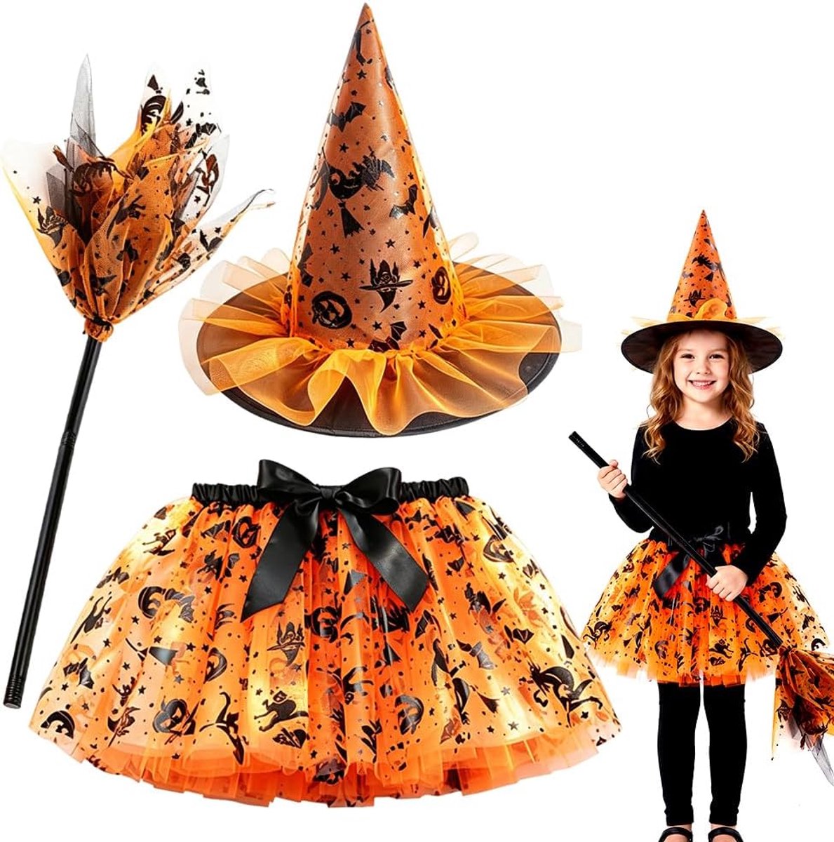 Heksenkostuumset voor dames, carnavalskostuum voor vrouwen, met heksenhoed, tule rok en heksenbezem, voor carnaval, cosplay en Halloween-party-A