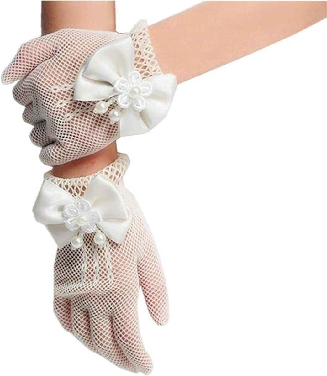Handschoenen met strik, visnethandschoenen, mesh-handschoenen, prinsessenhandschoenen voor bruiloft, feest, banket, eerste communie, theefeest, 1 paar, wit, Eén Maat