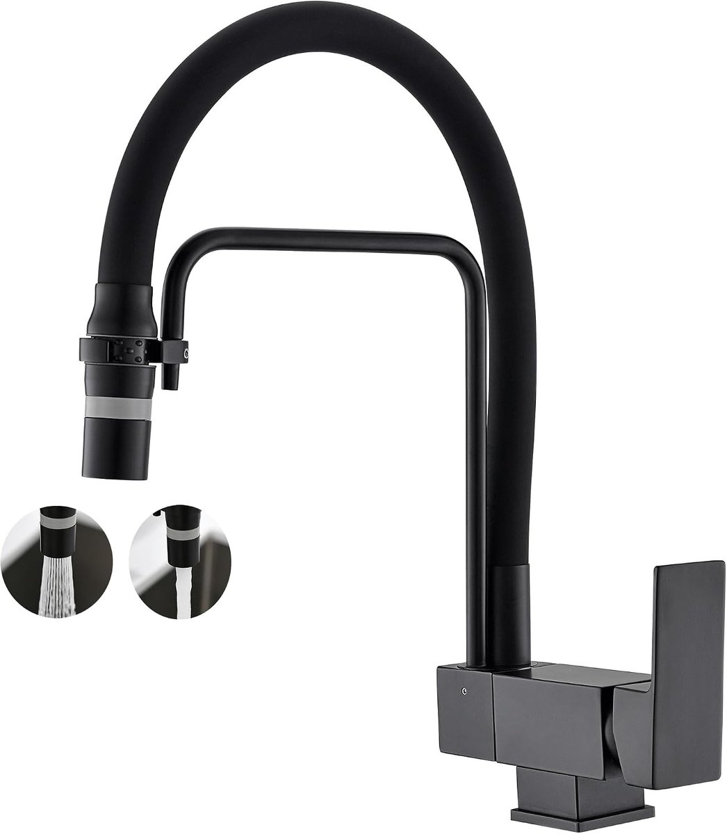 Mengkraan 1 Gat Buigbare Kraan Mixers Flexibele Slang Pull Down Dual Spray Modus 360 Swivel Mat Zwart Siliconen Slang Zwart (zwart)
