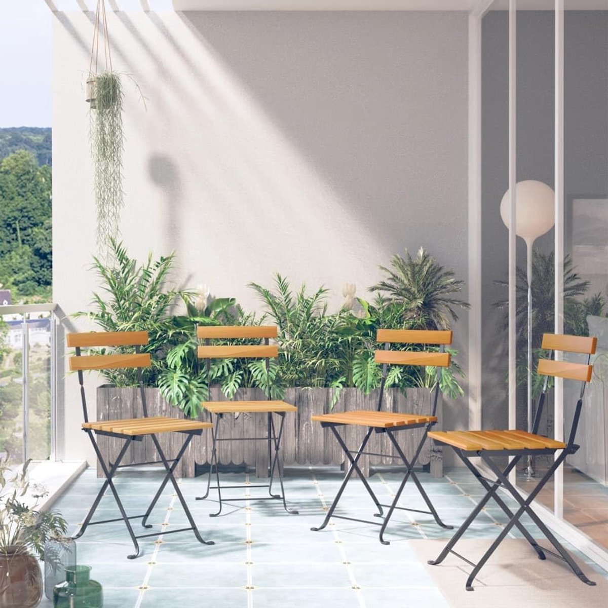 Bistrostoelen, 4 stuks, massief acaciahout, stalen frame voor tuin en terras, belastbaar tot 110 kg per zitting