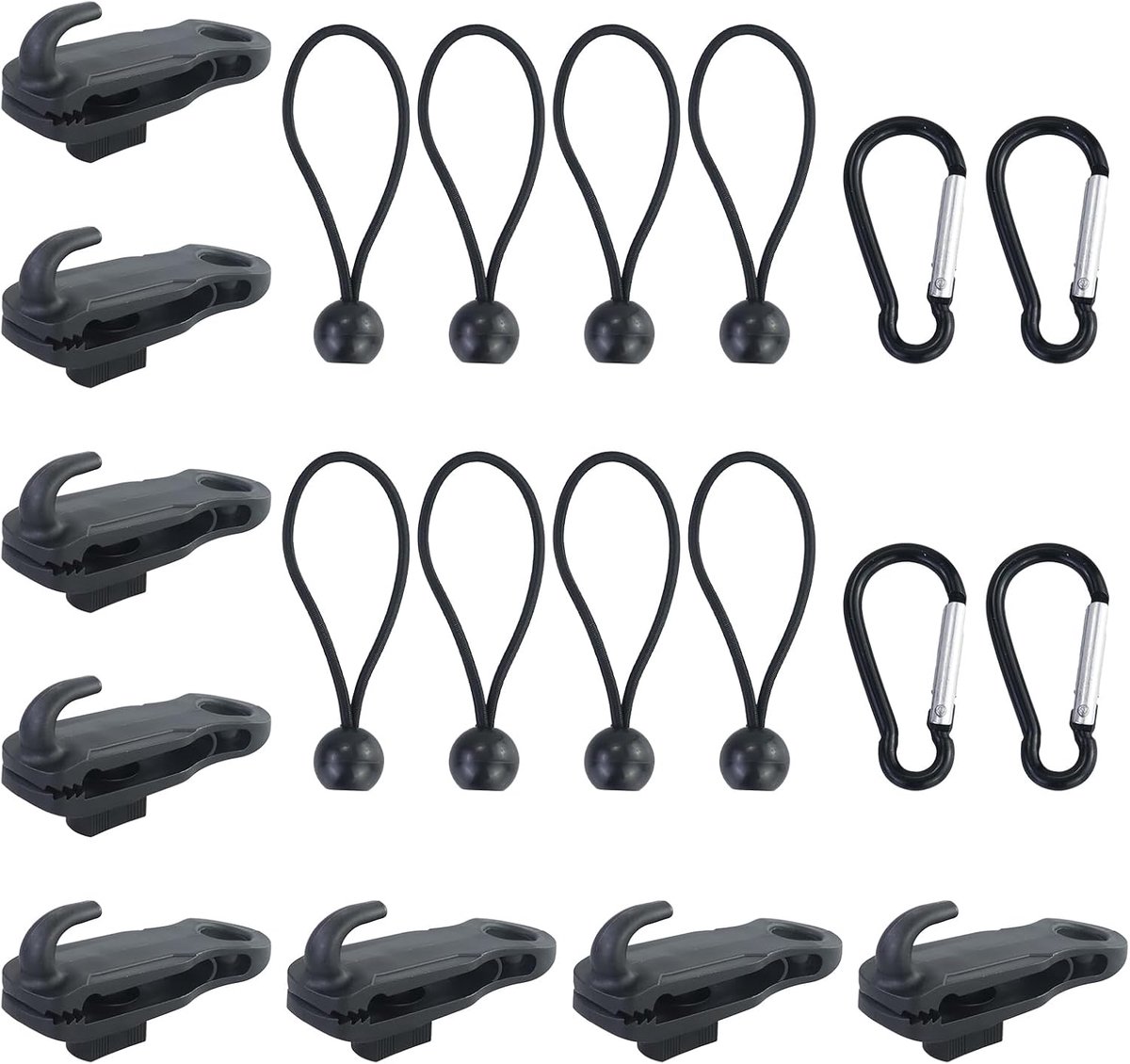 clips, 8 stuks zeilspanners met haak en 8 stuks spanrubbers met bal, haaivormige zeilclips, duurzame set voor zeil, tentzeil, tarp, camping, camper, accessoires (met 4