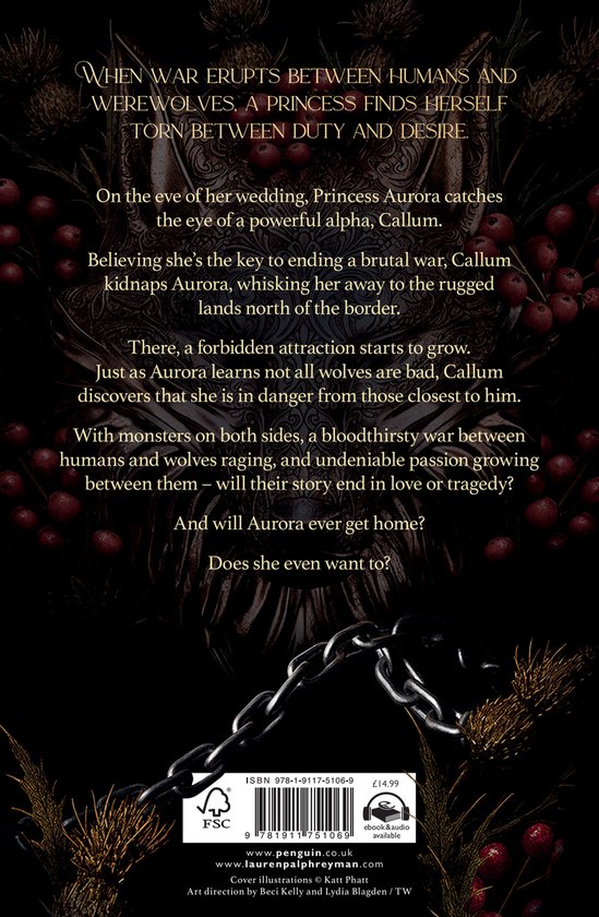 Couverture de livre avec le titre "When war erupts between humans and werewolves, a princess finds herself torn between duty and desire.". Chaînes, ronces et baies rouges sur fond sombre.