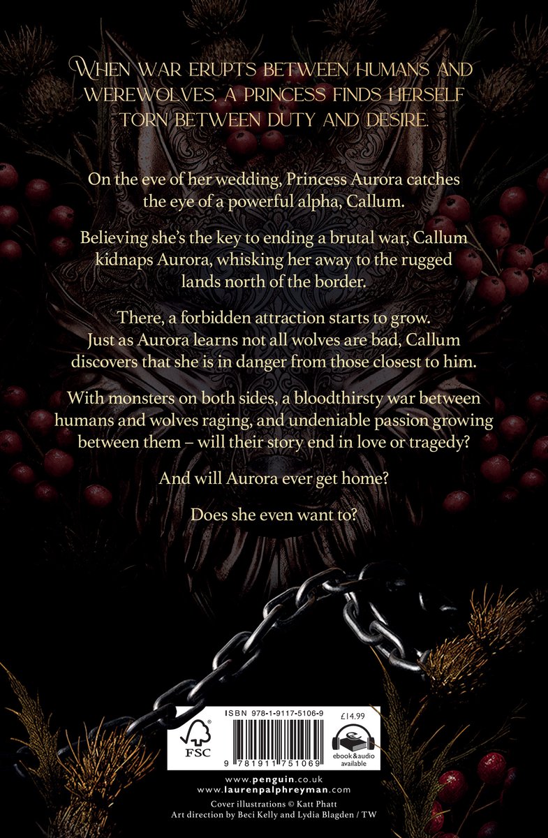Couverture de livre avec le titre "When war erupts between humans and werewolves, a princess finds herself torn between duty and desire.". Chaînes, ronces et baies rouges sur fond sombre.