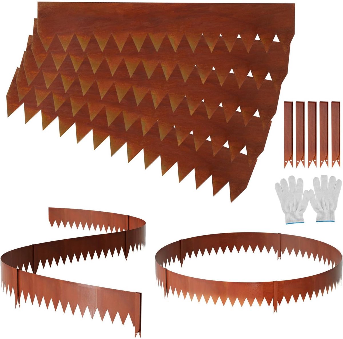 Gazonrand van metaal, 100 x 20 cm, gazonranden met scherpe zaagtanden, flexibele roestbestendige bedomranding met clips en handschoenen, roestkleur 10 stuks (lengte 10 m - hoogte 20 cm)