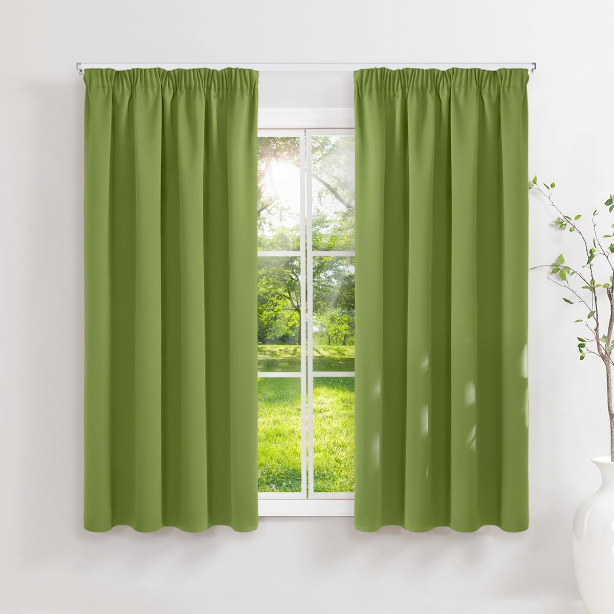 120 x 140 cm (b x h), 2 stuks, met plooiband, bescherming tegen kou en hitte, ondoorzichtig, uv-bescherming, decoratie voor binnen, slaapkamer, woonkamer, groen