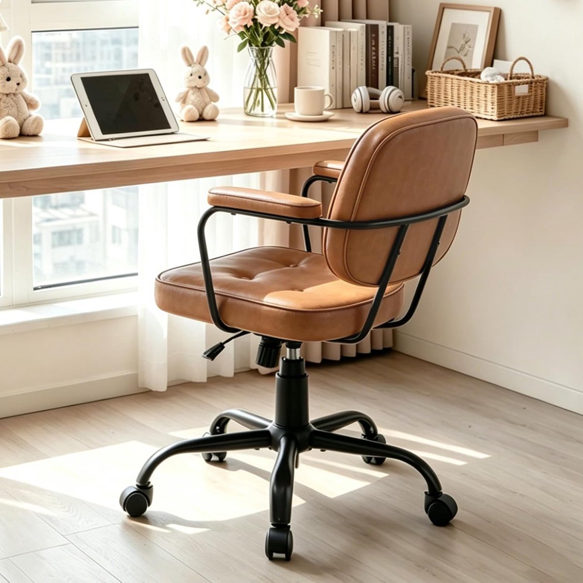 Bureaustoel in lederlook, ergonomische draaistoel met 360° draaiknop, hoogteverstelling en armleuningen, belastbaar tot 180 kg, robuust metalen frame (kaki)