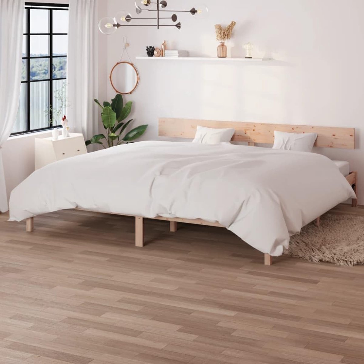 Massief grenenhout 180x200 cm stevig houten bed frame met lattenbodem en hoofdeinde voor slaapkamer woonkamer