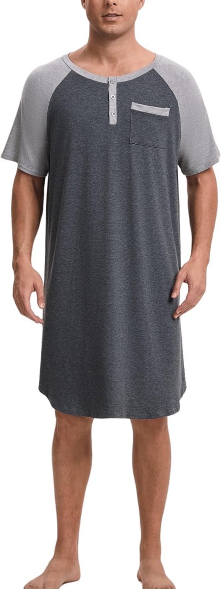 Nachthemd voor heren, pyjama-tops, T-shirt, knielang, V-hals, met knopen, korte mouwen, binnenkleding, zacht, comfortabel, grote maat M-4XL