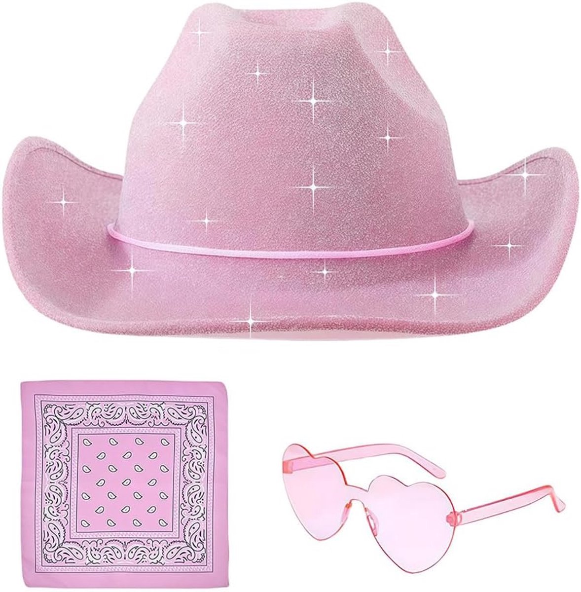 Cowboy Hoed voor dames, 3 stuks, roze cowboyhoed, roze cowboyhoed, roze cowboy dames, verstelbaar, geschikt voor mannen en vrouwen om te dragen op Halloween kostuumfeestjes