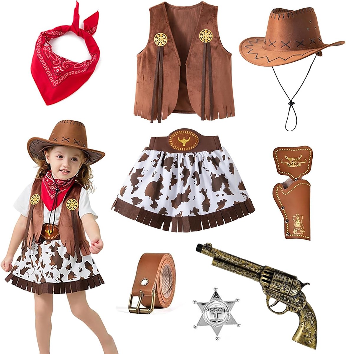 cowboykostuum voor kinderen, 3-11 jaar, met cowboyhoed voor kinderen, vest, broek, riem, rode halsdoek en accessoires, carnaval, cosplay, outfit voor jongens