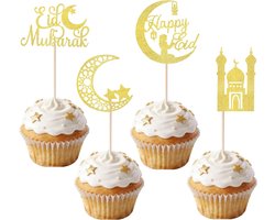 24 stuks Eid Mubarak cupcake-toppers, taartdecoraties met glittersterren en maan, ramadan cupcake-toppers, cupcaketoppers voor Ramadan, Eid al-Fitr, feest en snoep op tafel (goud-B)