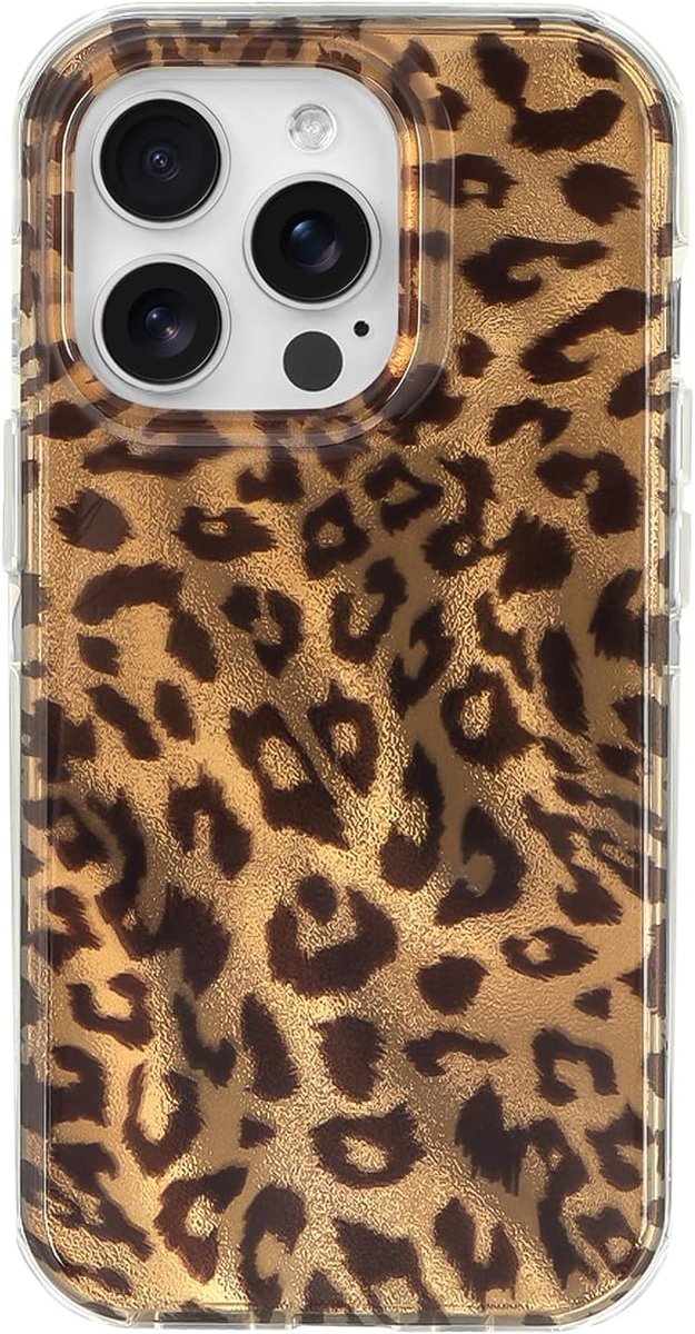 Beschermhoes voor iPhone 16 Pro, schattig vintage luipaardpatroon, kastanjebruin, zacht, glanzend, TPU, schokbestendig en waterdicht, beschermhoes voor vrouwen en meisjes, goudbruin
