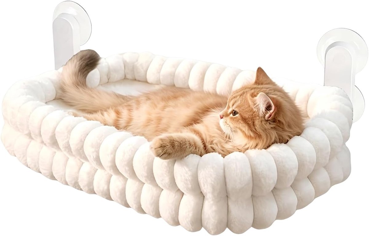 Raamligstoel, kattenraamligstoel met afneembare en omkeerbare hoes, opvouwbare kattenligstoel, raam kattenbed met stabiel stalen frame en zuignappen, houdt tot 18 kg, wit, 55 x 40 cm