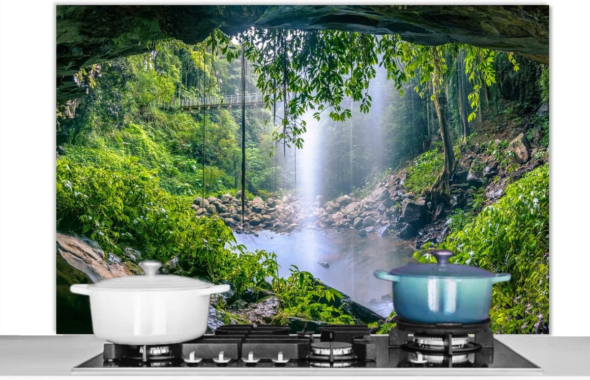 Spatscherm Keuken - 120x80 cm - Jungle - Regenwoud - Water - Waterval - Planten