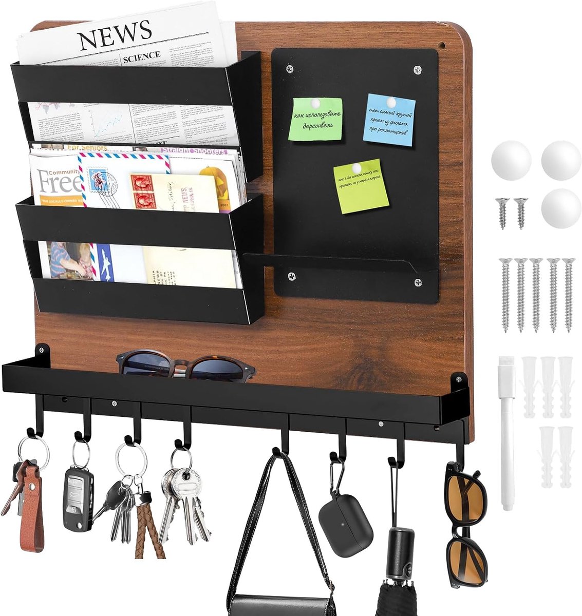 Sleutelrek met plank en brievenhouder, sleutelbord met haken, 8 sleutelhouders, wandplank met 2 postvakken en memobord, sleutellijst voor hal en verbindingsgang