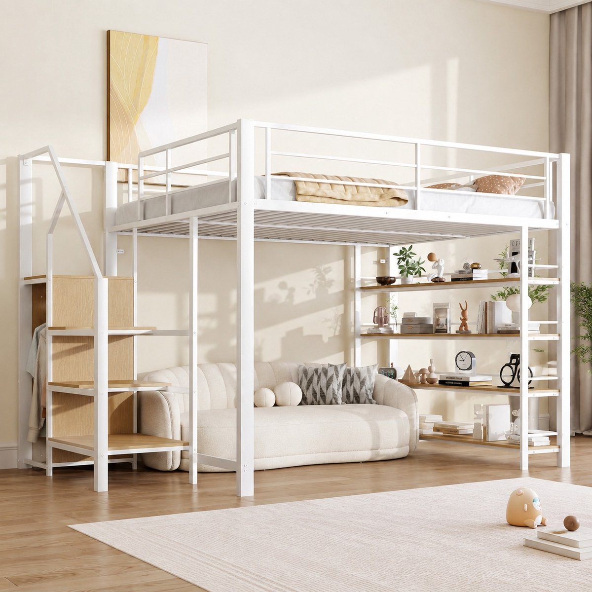 WUVRIE Hoogslaper 140x200 cm met opbergtrap, kledingkast, planken en veiligheidshek, wit