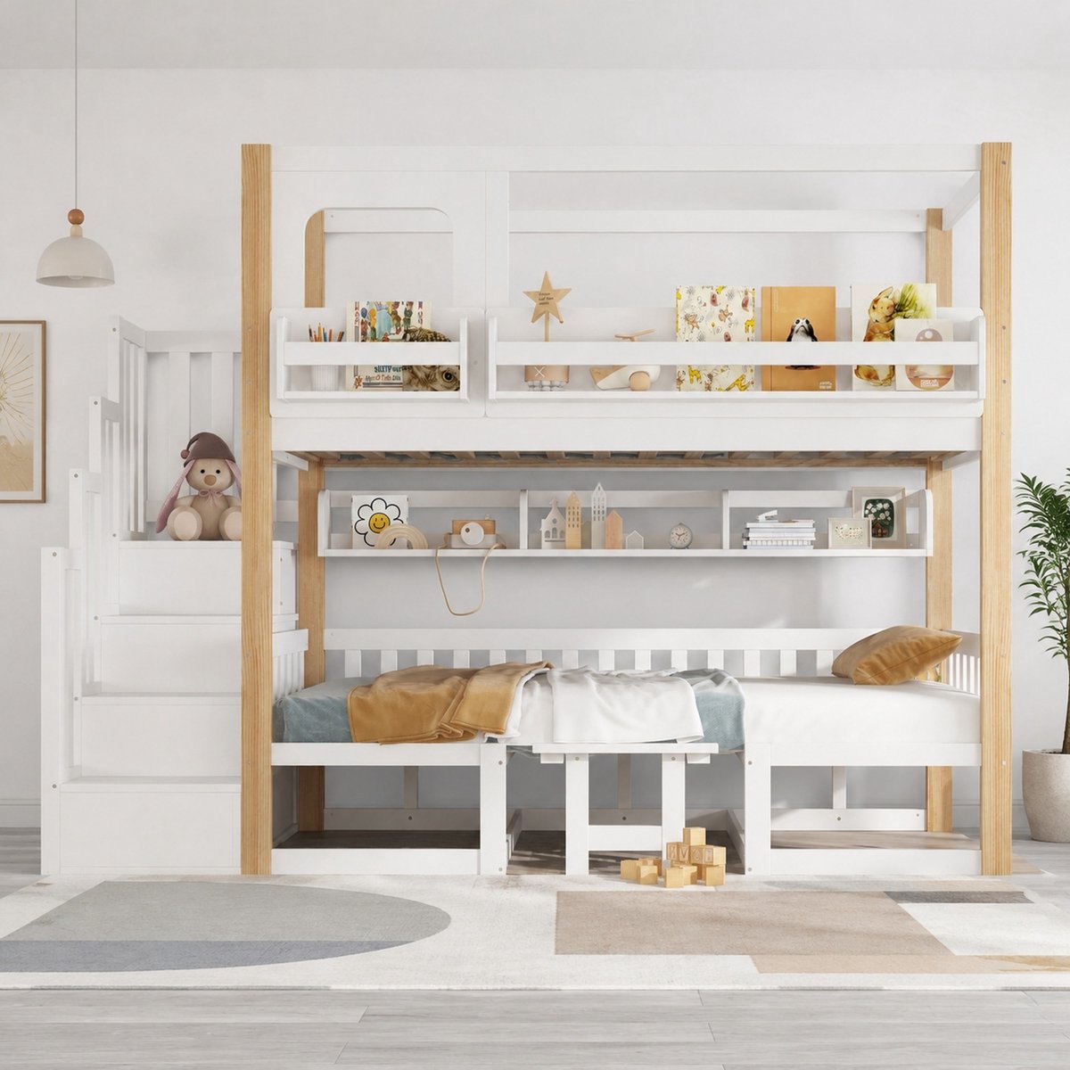 WUVRIE Kinderstapelbed 90x200 cm met inklapbaar bureau, opbergtrap en veiligheidshekken, wit/naturel