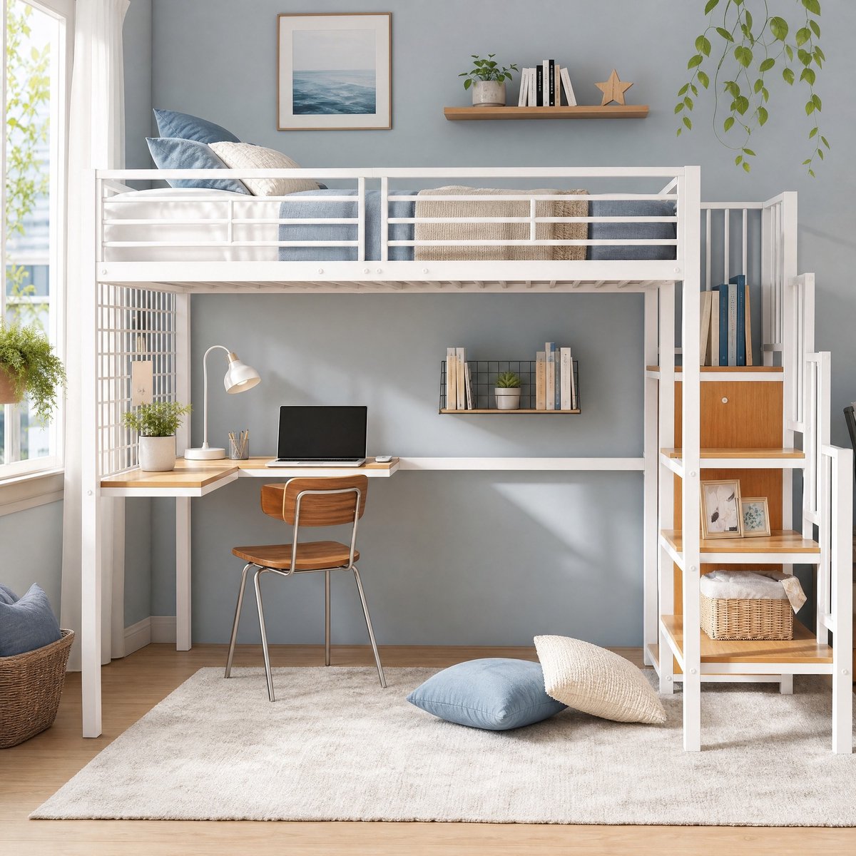 WUVRIE Hoogslaper 90x200 cm met bureau, kledingkast, trap en uitvalbeveiliging, wit/naturel