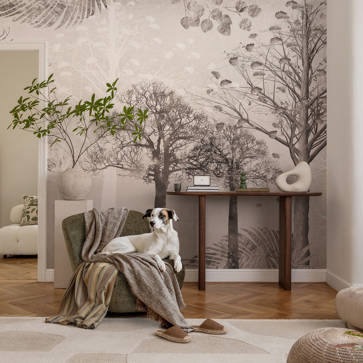 Coloray Vliesbehang - Beige Snellijm Behang - 104x70 cm - Kwetsbare Bomen Muurschildering - Slaapkamer behang Bloemen En Planten - Fotobehang Vlies - Gang behang