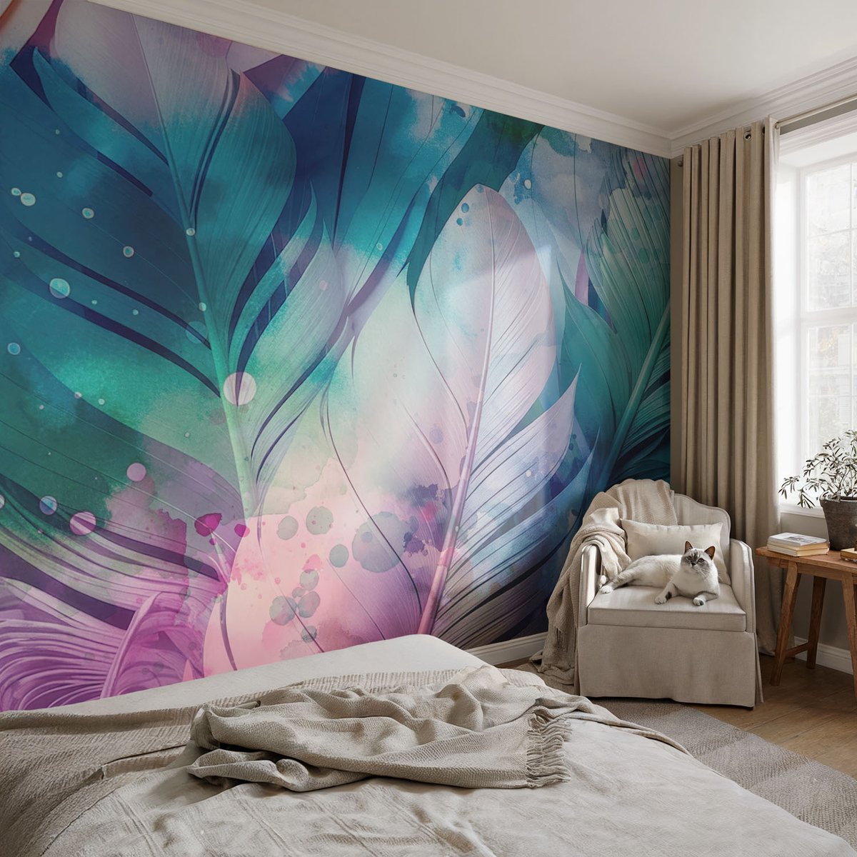 Coloray Vliesbehang - Blauw Snellijm Behang - 104x70 cm - Kleurrijke Veren Fotobehang Vlies - Woonkamer behang Deel - Muurschildering - Woonkamer behang